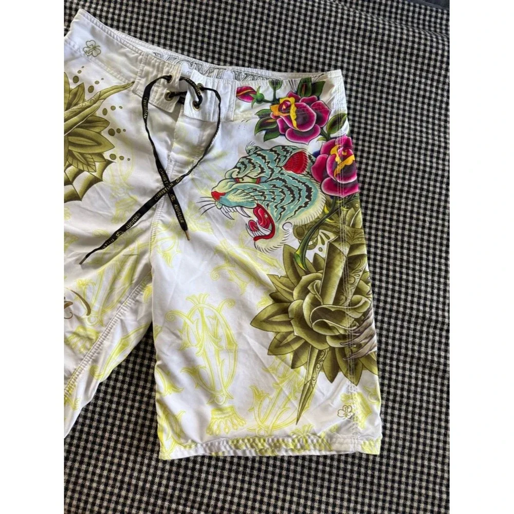 Christian Audigier Tattoo-Print Ed Hardy Board Shorts with Skull/Tiger Y2K! 💀